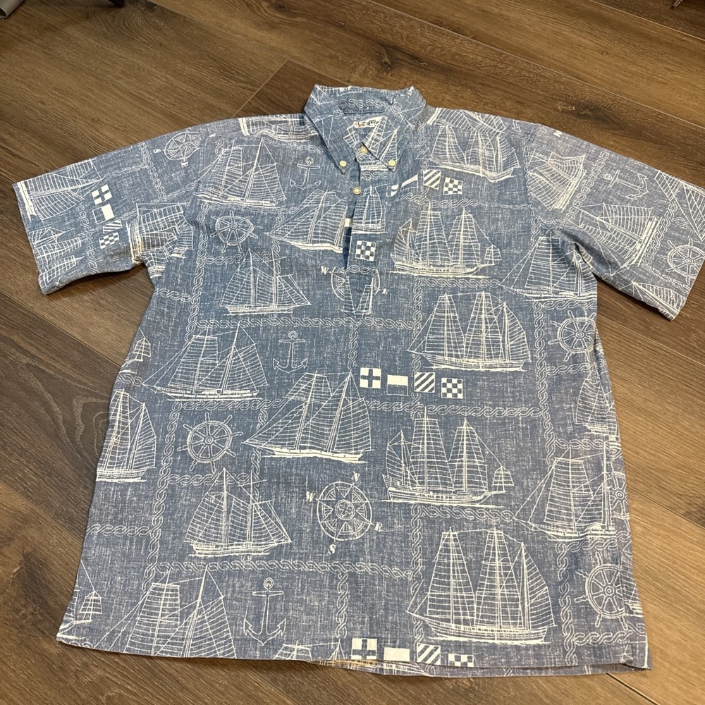REYN SPOONER Nautical Boat Short Sleeve Pull-over Shirt Mens Large Hawaiian